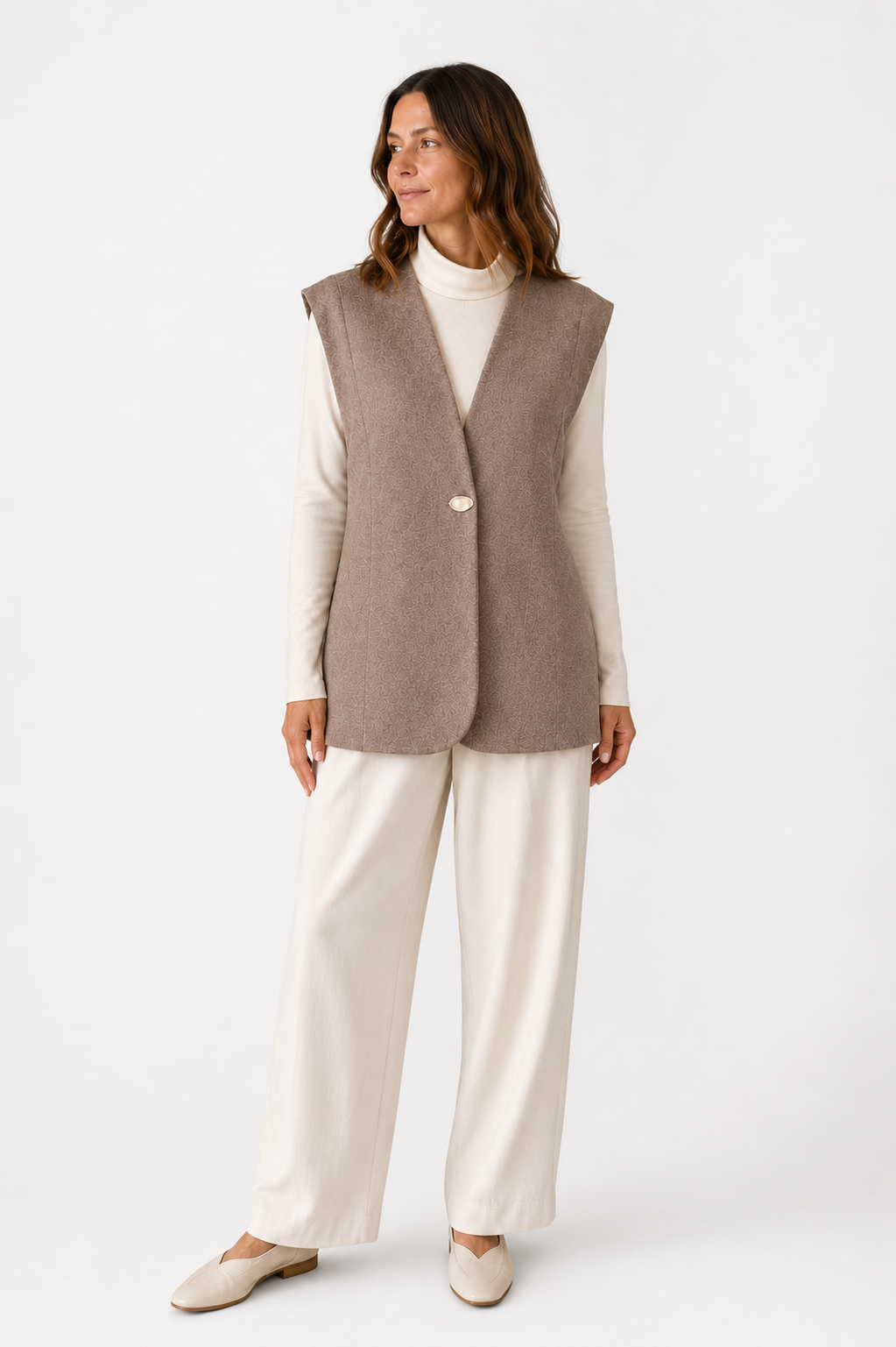 Model wearing the lorna tailored vest