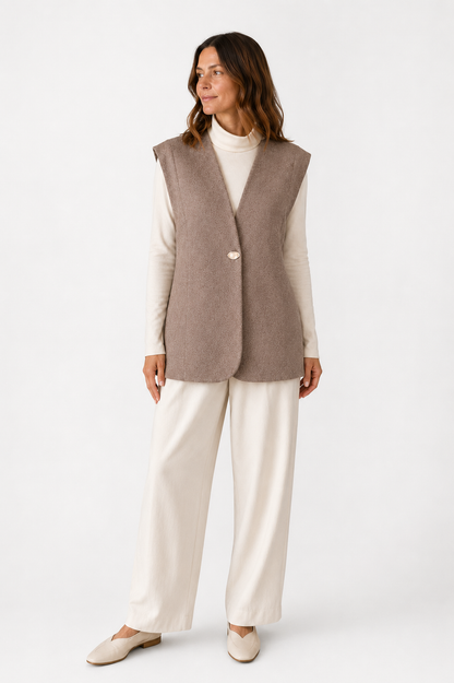 Model wearing the lorna tailored vest
