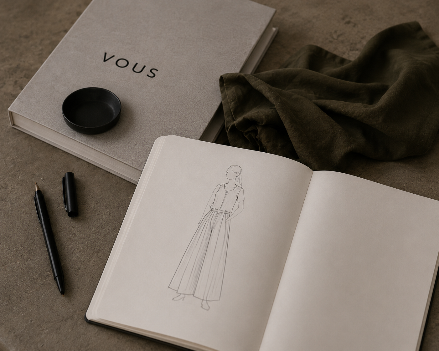 flatlay image of VOUS sketches and fabric sitting on a table